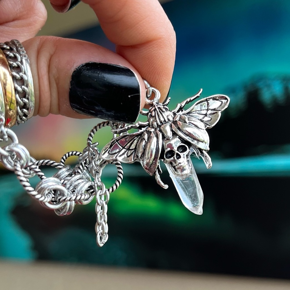 Handmade maille choker necklace moth crystal quartz stainless steel boho goth - Picture 3 of 11